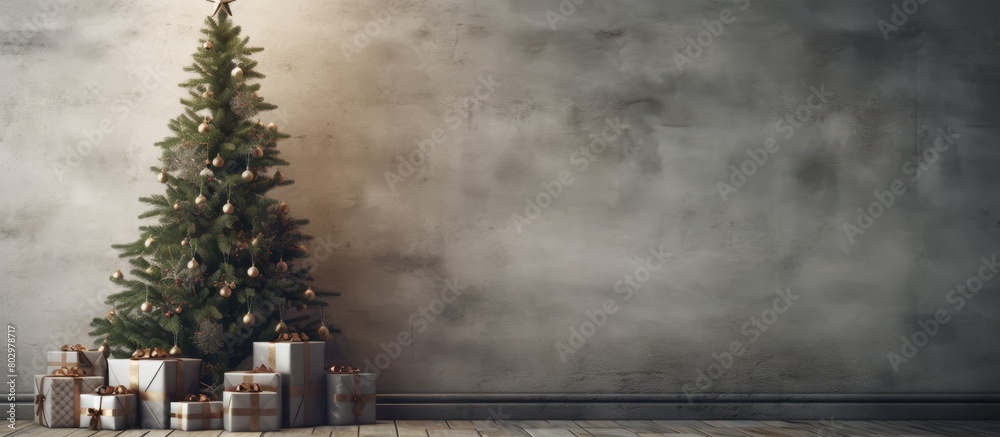 Poster a festive christmas tree adorned with presents stands in a vintage room providing a picturesque back