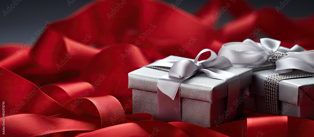Poster A charming scene of small silver square gift boxes adorns a backdrop of red knitted fabric creating a picturesque copy space image