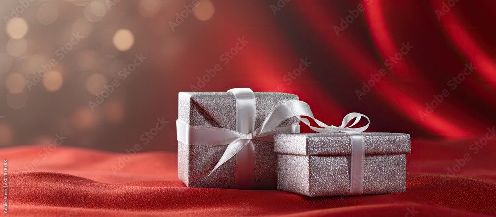 Poster a charming scene of small silver square gift boxes adorns a backdrop of red knitted fabric creating 