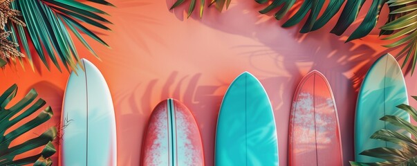 a set of surfboards on a pink background with tropical leaves in a vintage style. Form. Natural background. Vacation at the sea. Surfing as a sport. Background for the design. Summer entertainment