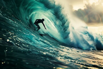 A man rides a surfboard on a wave. Vacation at the sea. Surfing as a sport. Background for the design. Summer activities