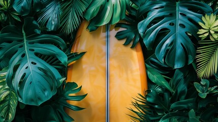 A yellow surfboard lies among the tropical leaves. Natural background. Vacation at the sea. Surfing as a sport. Background for the design. Summer activities