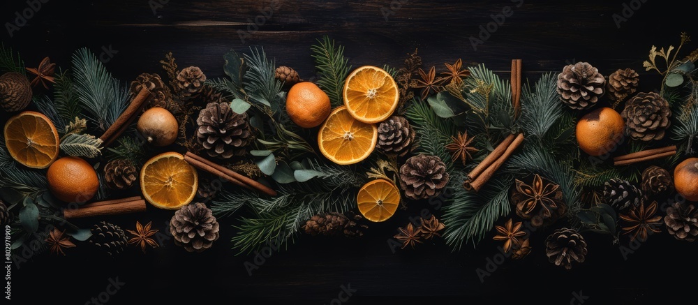 Poster a festive arrangement for christmas featuring a garland made from tree branches cones dried orange s