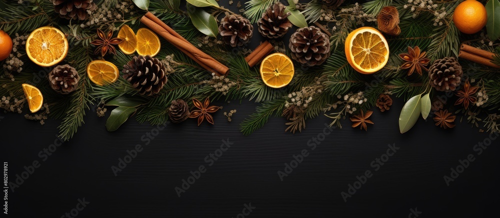 Poster a festive arrangement for christmas featuring a garland made from tree branches cones dried orange s