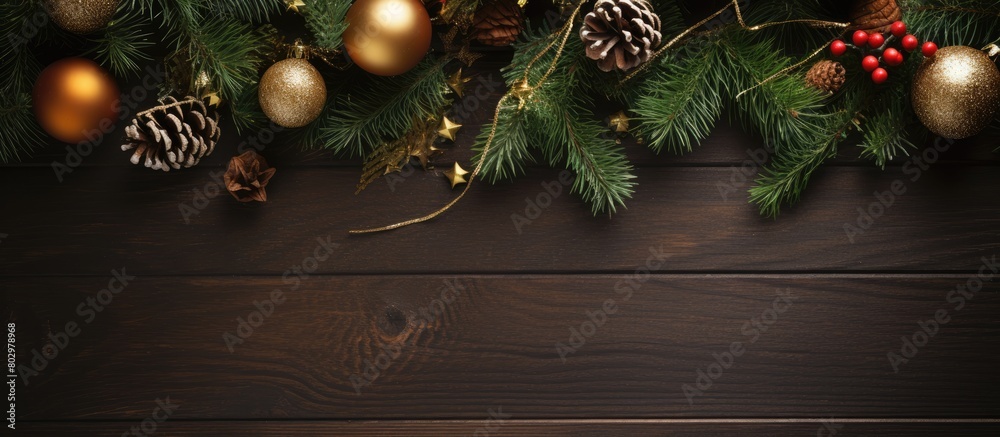 Aufkleber A festive Christmas background featuring a top view of fir branches adorned with Christmas decorations Ample copy space is available for text