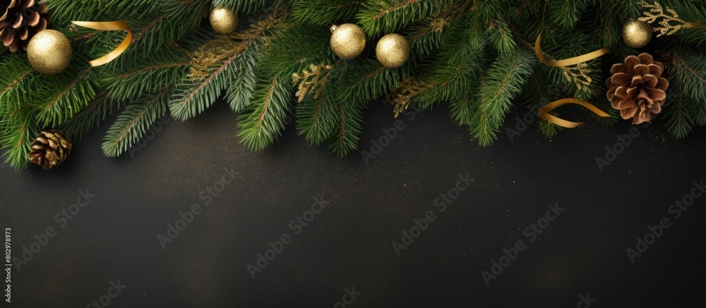 Poster A festive Christmas background featuring a top view of fir branches adorned with Christmas decorations Ample copy space is available for text