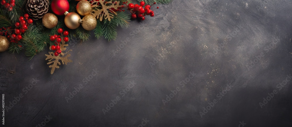 Aufkleber a festive christmas background featuring a top view of fir branches adorned with christmas decoratio
