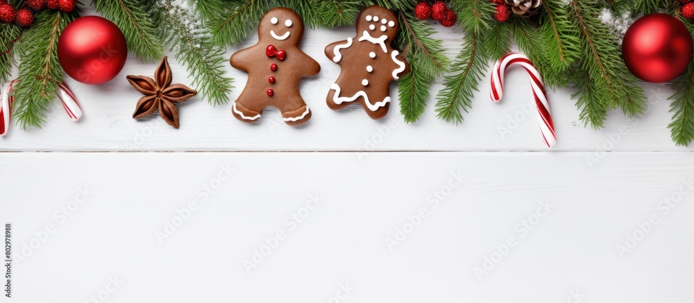 Poster a festive christmas arrangement with a gift gingerbread man fir branches and candy canes on a white 