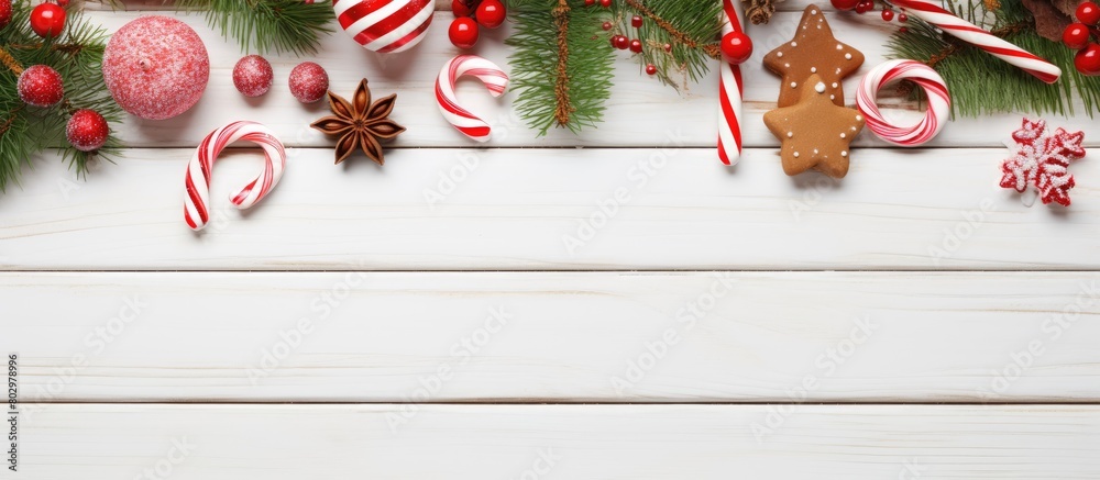 Poster a festive christmas arrangement with a gift gingerbread man fir branches and candy canes on a white 