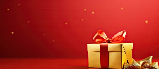 A creatively designed gold gift box with a red ribbon set against a vibrant red background is perfect for generating new ideas and offers ample copy space for a Valentine s festival or New Year event