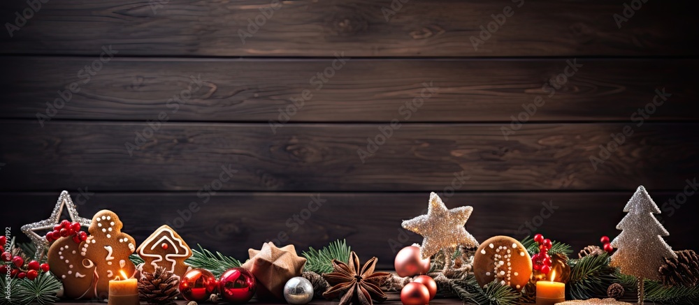 Poster A festive Christmas themed wooden background adorned with delightful gingerbread cookies presents lush fir tree branches and festive decorations Ample space for adding your own content