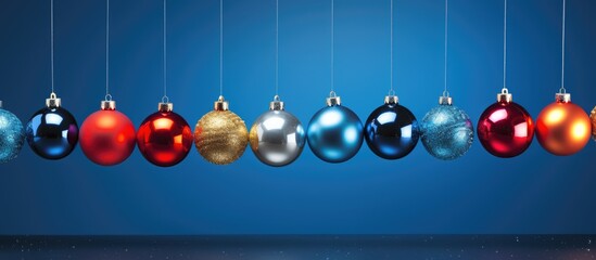 A festive Christmas decoration featuring shimmering balls in various colors set against a vibrant blue background Ample copy space is available