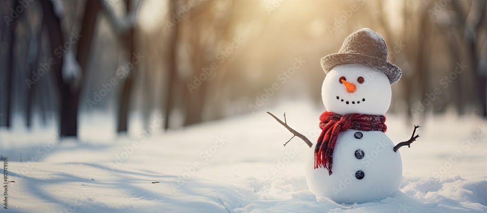 Poster A comical snowman crafted from snow and branches stands in a public park with ample copy space for an image