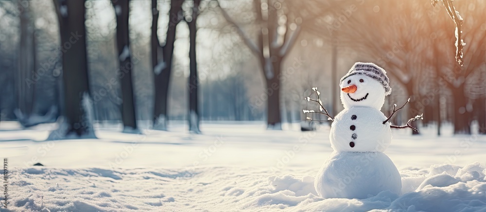 Aufkleber A comical snowman crafted from snow and branches stands in a public park with ample copy space for an image