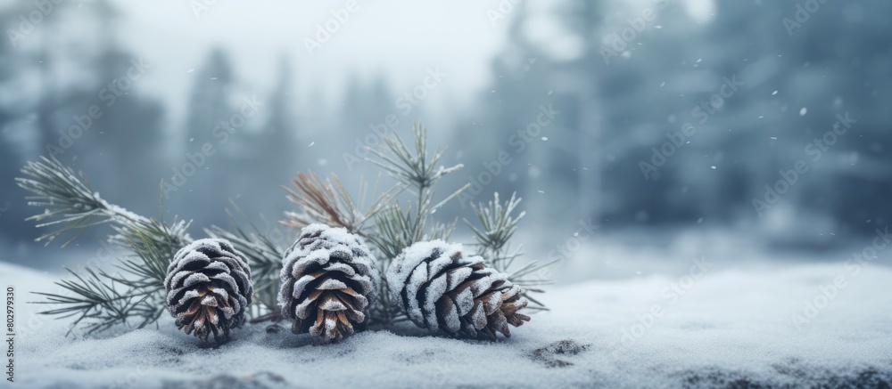 Poster A copy space image showcasing spruce cones on a bleak and overcast day with a hint of snow covering the ground