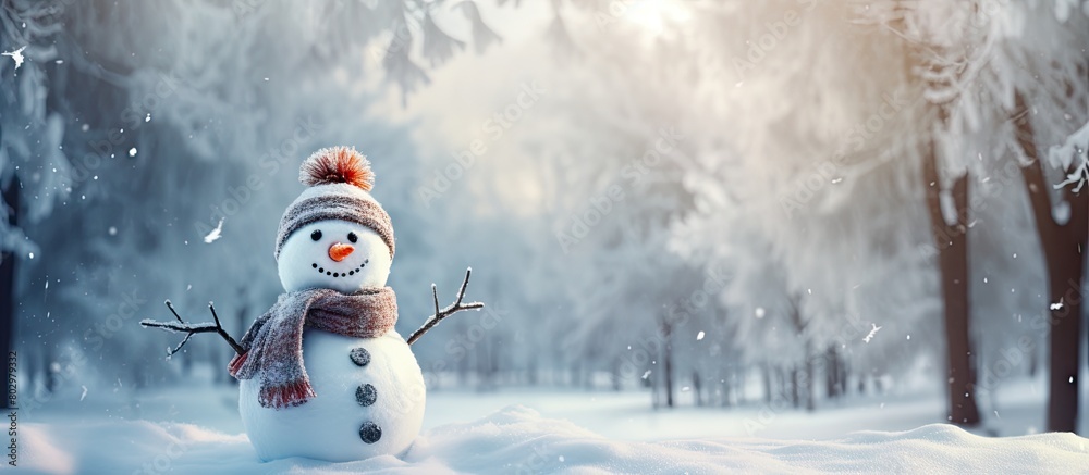 Poster A comical snowman crafted from snow and branches stands in a public park with ample copy space for an image