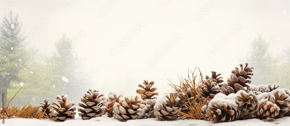 Poster A copy space image showcasing spruce cones on a bleak and overcast day with a hint of snow covering the ground