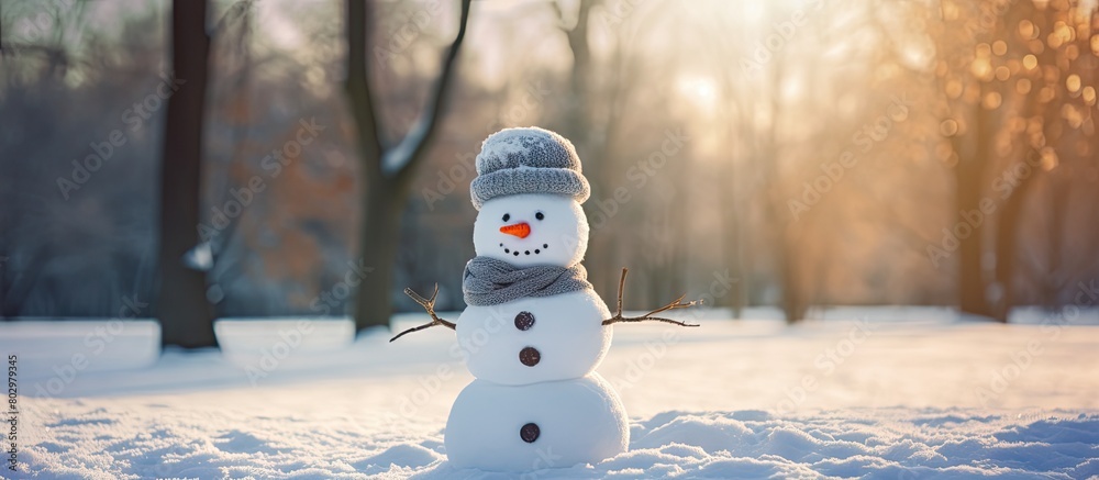 Aufkleber A comical snowman crafted from snow and branches stands in a public park with ample copy space for an image