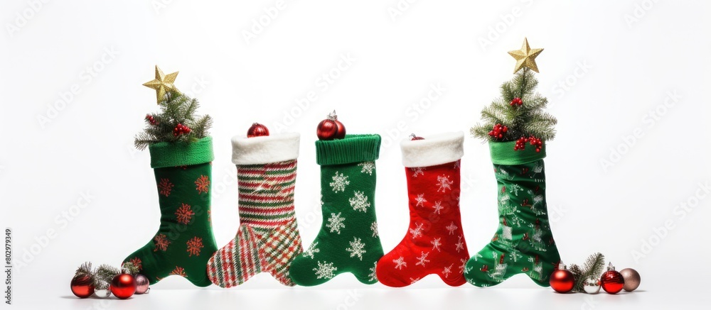 Aufkleber A copy space image showing Christmas boots socks and a fir tree against a white background