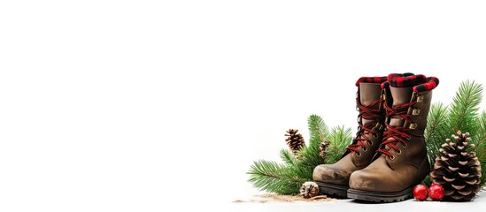 A copy space image showing Christmas boots socks and a fir tree against a white background