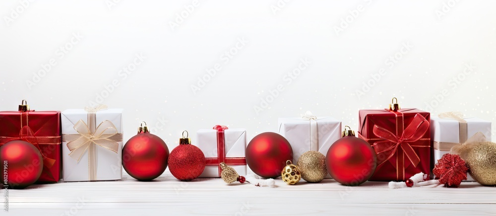 Poster a festive christmas border with red decorations and presents placed on a copy space image of a white
