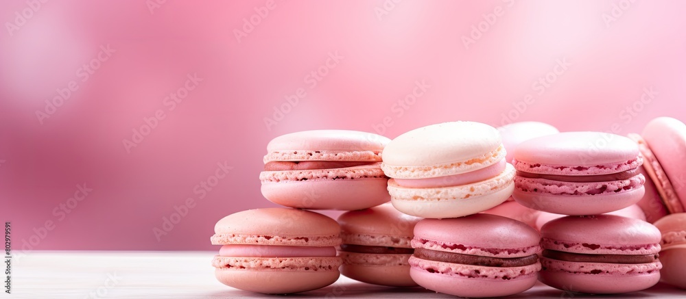 Poster A close up image of macaroons displayed on a soft pink background leaving room for text or other elements copy space image