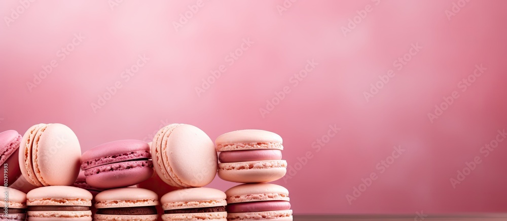 Poster A close up image of macaroons displayed on a soft pink background leaving room for text or other elements copy space image