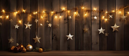 A festive backdrop with Christmas decorations on a wooden background in a loft style perfect for New Year s and Christmas holidays Copy space image