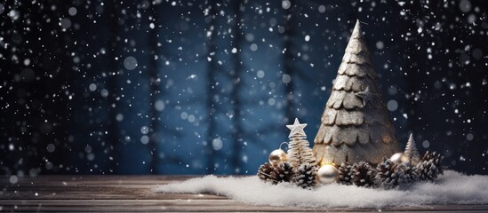 A Christmas cone adorned with ornaments sits on a dark wooden background while artificial snow completes the scene Copy space image - Powered by Adobe