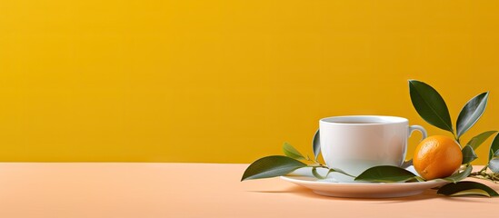 A cup with a kumquat infused tea is placed against a vibrant yellow backdrop providing ample copy space for design or text