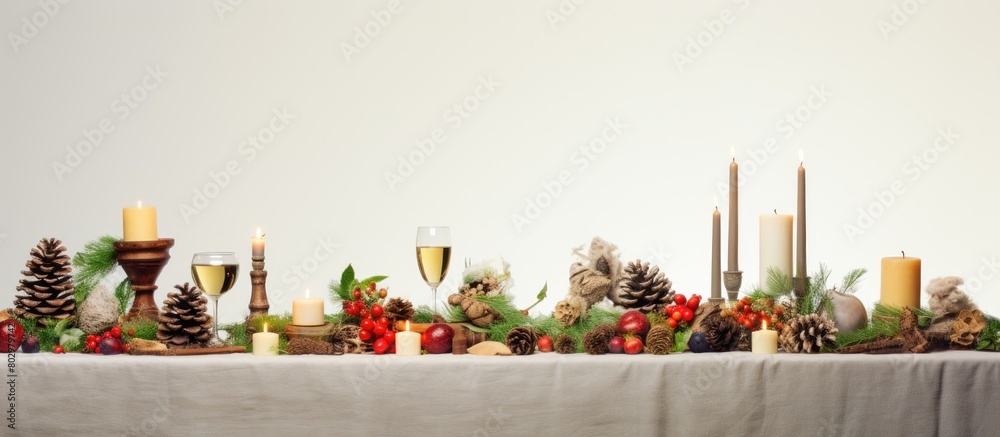 Aufkleber A festive Christmas table arrangement on a clean white backdrop with abundant space available for adding text. with copy space image. Place for adding text or design