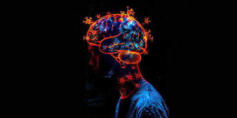 Neurological Sequelae of COVID-19: The Cognitive Impairment and Fatigue - Visualize a person with a highlighted brain affected by COVID-19, experiencing cognitive impairment and fatigue - obrazy, fototapety, plakaty