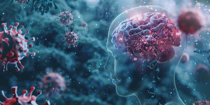 Neurological Sequelae of COVID-19: The Cognitive Impairment and Fatigue - Visualize a person with a highlighted brain affected by COVID-19, experiencing cognitive impairment and fatigue