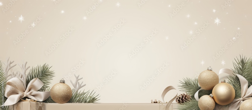 Aufkleber A beige background showcases Christmas tree branches adorned with ornaments and gift boxes creating a visually appealing copy space image