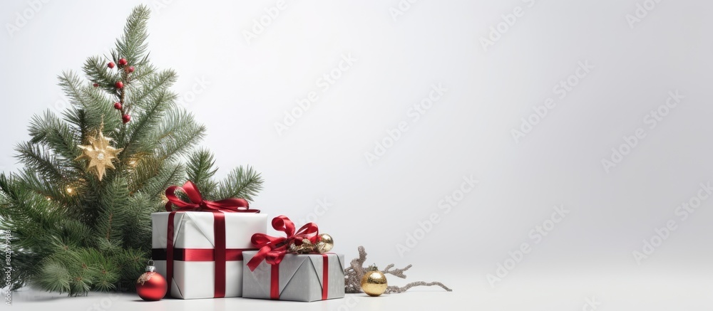 Poster a festive depiction of christmas including a gift box and a pine tree set against a white background