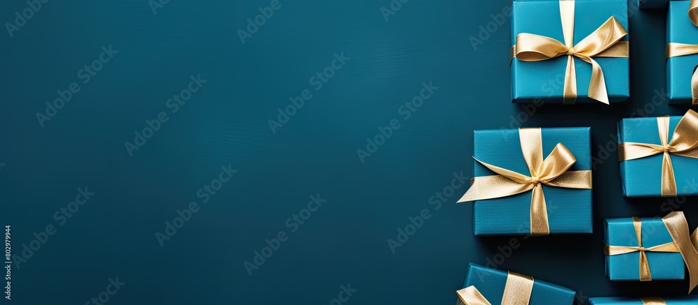Poster A blue background sets the stage for a captivating top down view of gift boxes leaving room for creativity with a copy space image