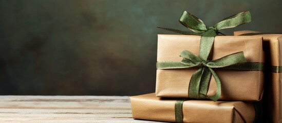 A festive copy space image of Christmas presents beautifully wrapped in brown paper and tied with a green ribbon