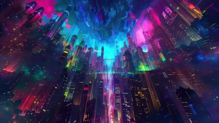 neon cityscapes merging with surreal natural wonders, illuminated by the dance of auroras. A mesmerizing tapestry of urban fantasy and celestial beauty, igniting imagination