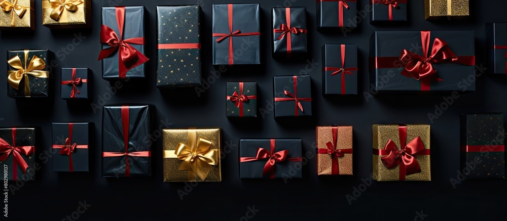 Aufkleber A Christmas themed image featuring gift boxes arranged in a top down view on a black background providing ample room for additional content
