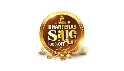 Dhanteras gold coins with sales offer text and goddess laxmi illustration.