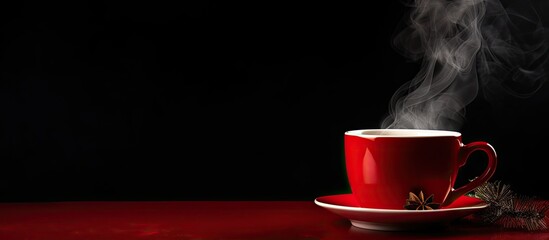 A copy space image featuring a Christmas themed red and white cup filled with steaming black coffee and adorned with a branch from a Christmas tree on a red backdrop
