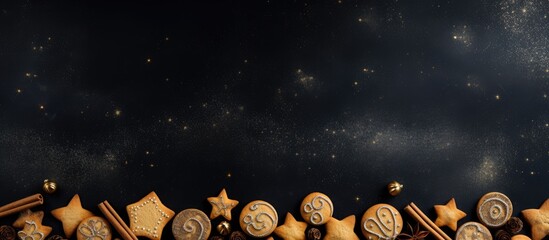 A festive Christmas background featuring cookies on a dark backdrop with ample space for adding...
