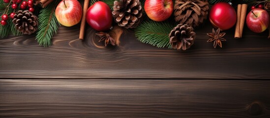A festive Christmas composition consisting of gifts red apples fir branches cones and wooden background with ample copy space image - Powered by Adobe