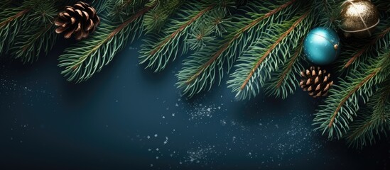 A composition representing a winter holiday concept with fir branches ornaments and a spacious area for additional images