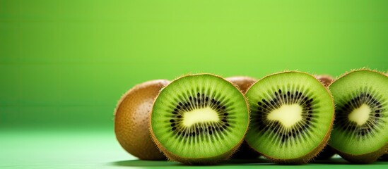 A delicious and nutritious vegetarian food option the visually unattractive kiwi fruit stands out with its vibrant green color against a plain backdrop in this copy space image
