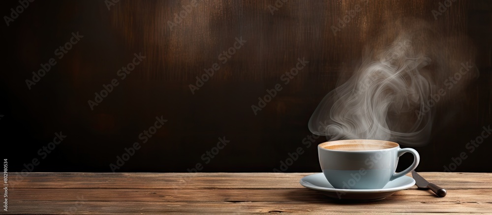 Poster A copy space image featuring a steaming cup of coffee resting on a rustic wooden table