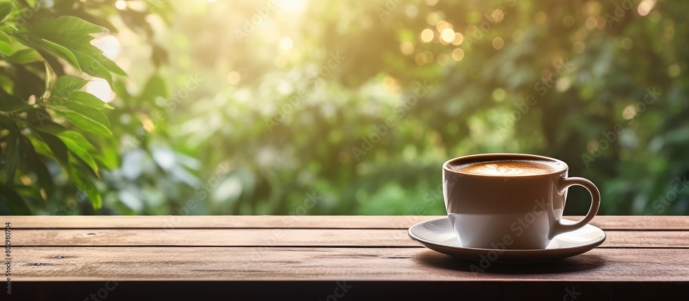 Aufkleber A cup of coffee on a wooden table in the workplace representing the concept of working outside the office. with copy space image. Place for adding text or design