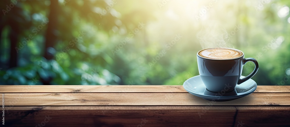 Aufkleber a cup of coffee on a wooden table in the workplace representing the concept of working outside the o