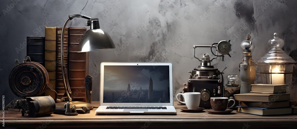 Poster a contemporary designer s workspace featuring a laptop computer and an antique camera with available