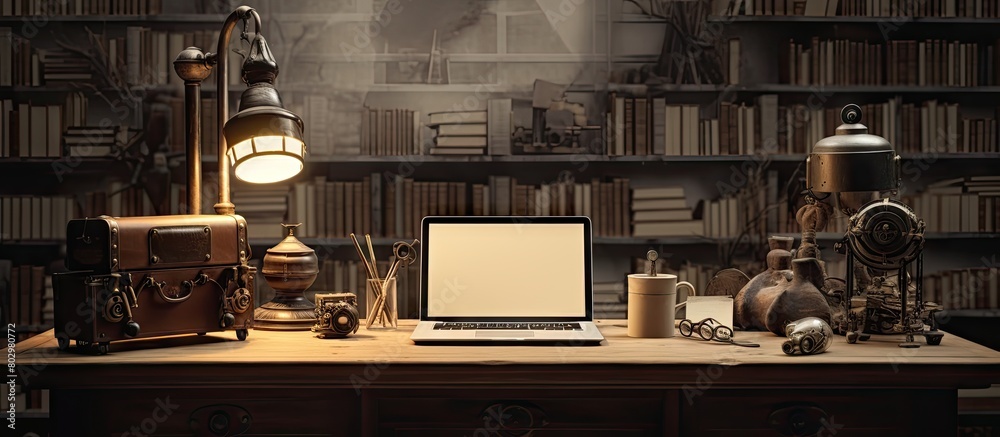 Poster A contemporary designer s workspace featuring a laptop computer and an antique camera with available copy space for additional elements